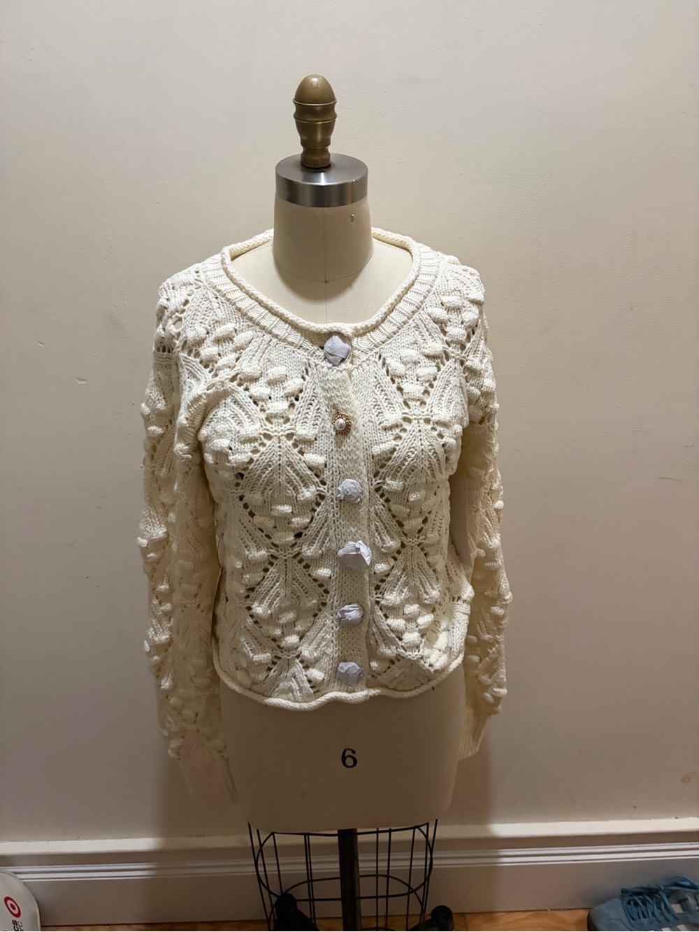 Cache Ivory Openwork Bobble-Trim Cardigan